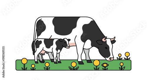 Cow and calf grazing in a green meadow with yellow flowers, flat design illustration