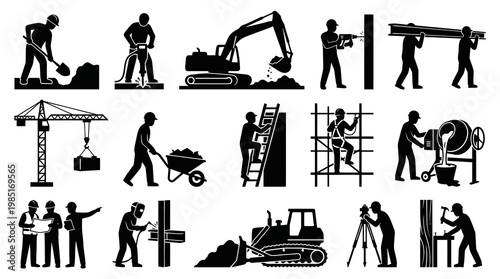 Construction Workers and Equipment Black and White Icons Set