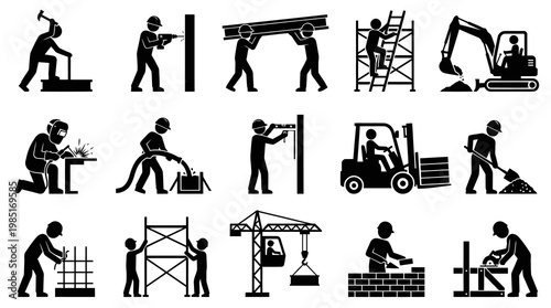 Construction Worker Icons: Building, Tools, and Heavy Machinery - Black  White Glyph Art