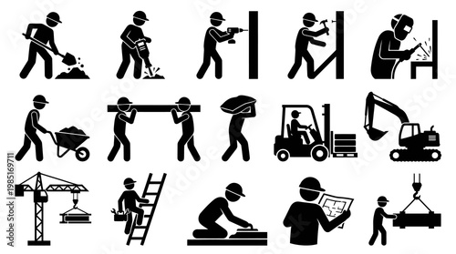 Construction Worker Icons: Glyph Art for Building Industry