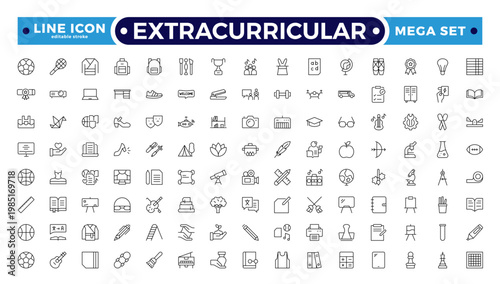 Extracurricular Activity Outline Icons Set. A Professional Collection of Vector Symbols for Student Clubs, Sports, Music, Campus Leadership, and Creative Arts. Editable stroke outline icon.