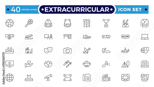 Extracurricular Activity Outline Icons Set. A Professional Collection of Vector Symbols for Student Clubs, Sports, Music, Campus Leadership, and Creative Arts. Editable stroke outline icon.