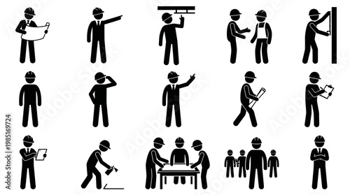 Construction Worker Stick Figures in Various Poses, Black and White Icons