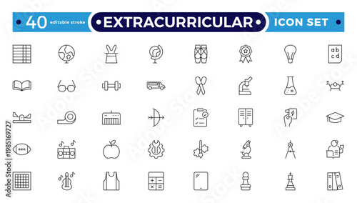 Extracurricular Activity Outline Icons Set. A Professional Collection of Vector Symbols for Student Clubs, Sports, Music, Campus Leadership, and Creative Arts. Editable stroke outline icon.