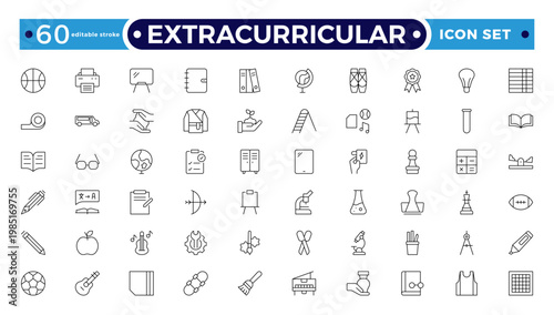 Extracurricular Activity Outline Icons Set. A Professional Collection of Vector Symbols for Student Clubs, Sports, Music, Campus Leadership, and Creative Arts. Editable stroke outline icon.