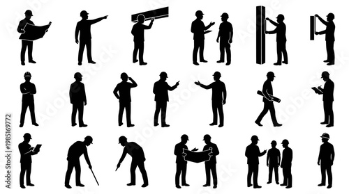 Construction workers silhouettes, blueprint, pointing, holding plans, work