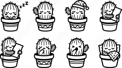 Black and white funny sleeping cactus characters with pillows and hats vector art