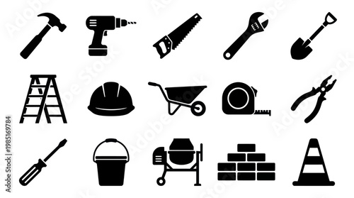 Black  White Glyph Icons of Construction Tools and Safety Gear