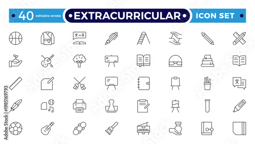 Extracurricular Activity Outline Icons Set. A Professional Collection of Vector Symbols for Student Clubs, Sports, Music, Campus Leadership, and Creative Arts. Editable stroke outline icon.