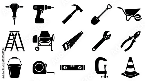 Black and White Construction Tools Icons Glyph Vector Set