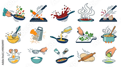 Flat Icon Set: Cooking Food Preparation Kitchen Utensils And Actions