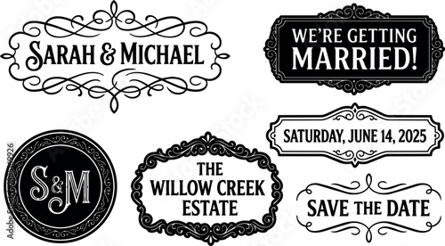 Black and white vintage wedding save the date text with ornate frames and calligraphic details