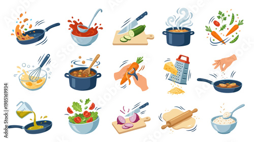 Flat Style Food Preparation Icons - Cooking Process Elements