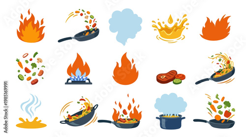 Flat Icons of Cooking, Fire, and Food: Wok, Pan, Steak, Vegetables