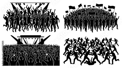 Black and White Silhouettes of Concert Crowds, Protesters, and Fighters