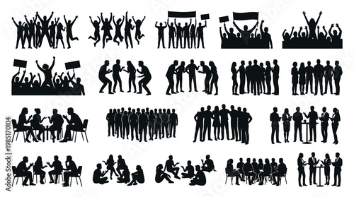 Silhouette of Diverse Groups of People in Various Activities and Poses, Black and White Vector Art