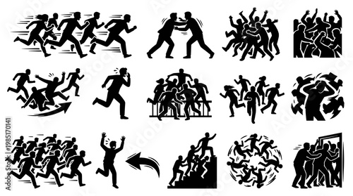 Crowd running icons set, silhouette of people in motion, black and white vector art
