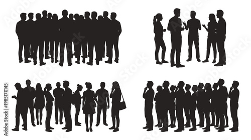 Black  White Silhouettes of Diverse People Group, Business Meeting, Social Gathering