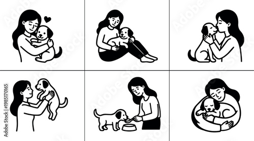Woman cuddling and caring for her dog in various poses