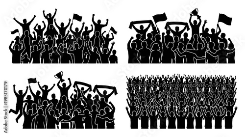 Black and white vector crowd of cheering sports fans and victory celebration