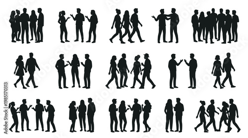 Black and White Silhouette Vector of Diverse People Groups Talking
