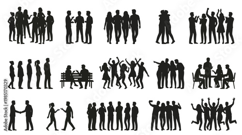 Black and white silhouette illustrations of people in various social gatherings and activities