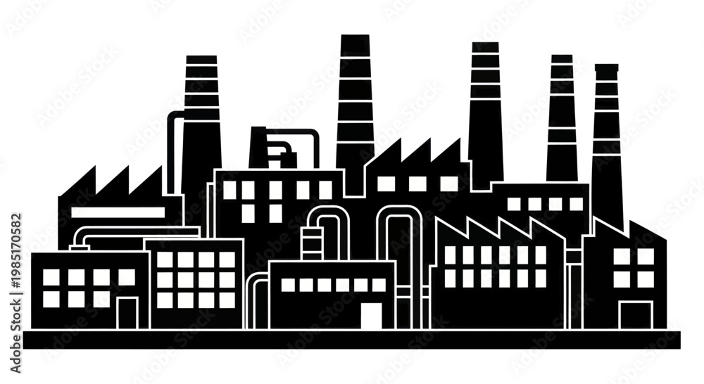 Fototapeta premium Industrial factory building silhouette with multiple smokestacks and pipes.
