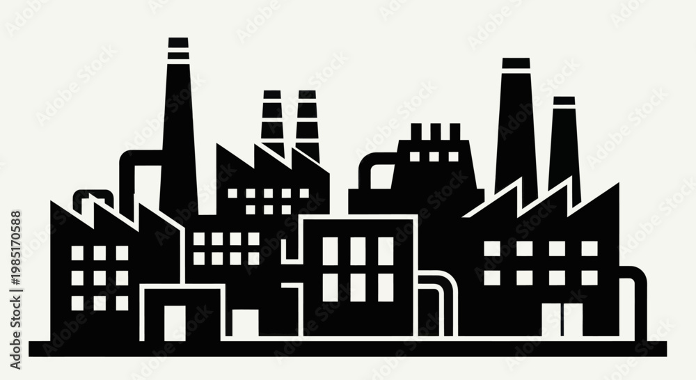 Fototapeta premium Industrial factory building silhouette with multiple smokestacks and pipes.