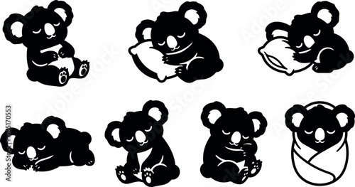 Black and white sleeping koala bears in various cute poses vector art
