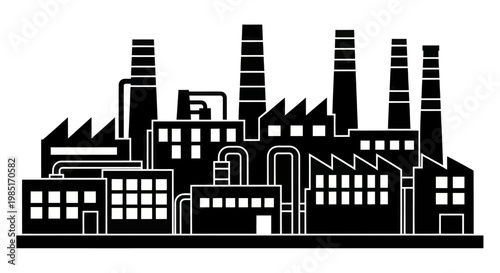 Industrial factory building silhouette with multiple smokestacks and pipes.
