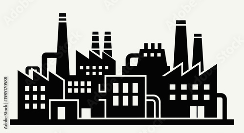 Industrial factory building silhouette with multiple smokestacks and pipes.