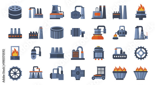 Industrial Factory and Manufacturing Plant Icons Set.