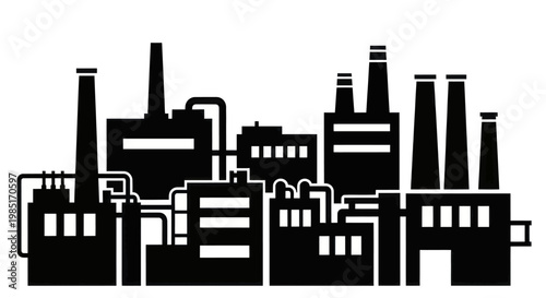 Industrial factory building silhouette with multiple smokestacks and pipes.