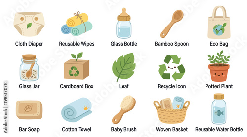 Eco-friendly lifestyle icons: cloth diaper, bamboo spoon, plant, recycle