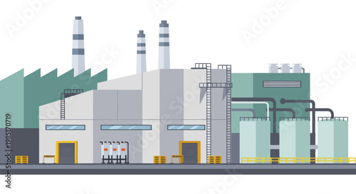 Industrial factory building with multiple smokestacks and storage tanks.