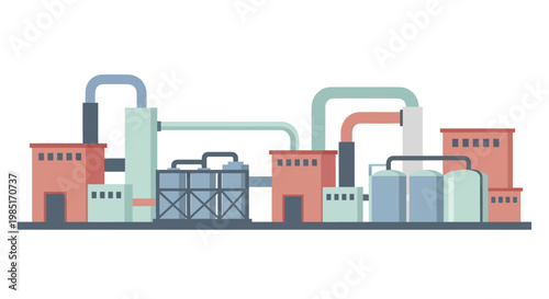 Industrial Factory Building with Pipes and Tanks.