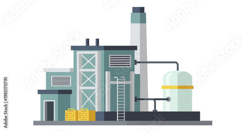 Industrial factory building with smokestack and storage tank.