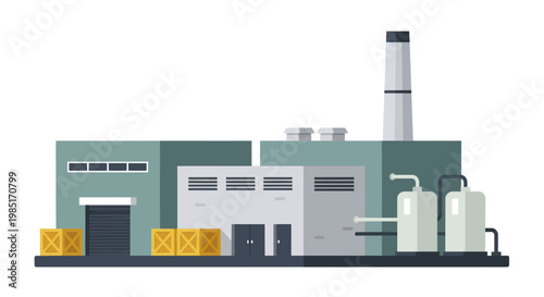 Industrial factory building with smokestack and storage tanks.