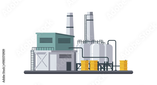 Industrial Factory Building with Smokestacks and Storage Tanks.