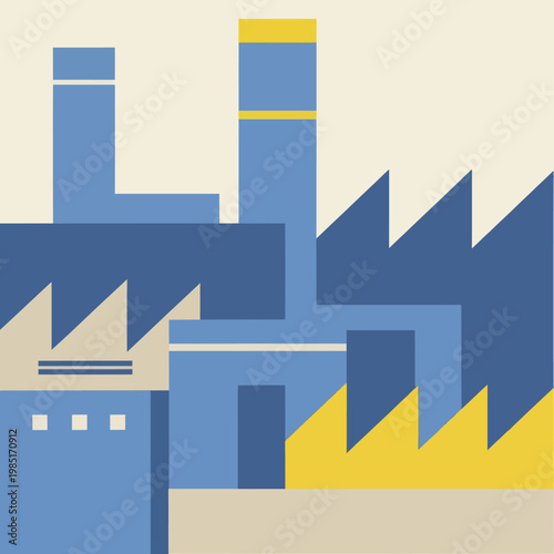 Industrial factory building with smokestacks and sawtooth roof design.