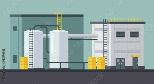 Industrial factory building with storage tanks and barrels.