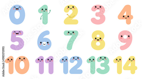 Cute Cartoon Numbers 0-14 Set, Educational Vector Illustration