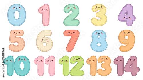 Cute cartoon numbers 0-14 with faces, vector art for education and kids