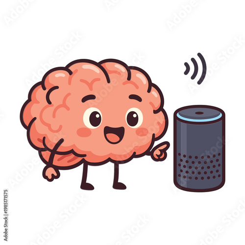Cute brain character interacting with smart speaker