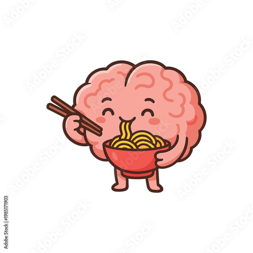 Brain character eating noodles with chopsticks cartoon