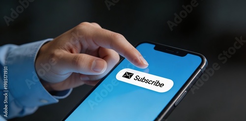 Close-up of a hand pressing a 'Subscribe' button on a smartphone screen. Depicts digital interaction and online engagement.