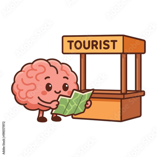 Brain character holding map near tourist stand