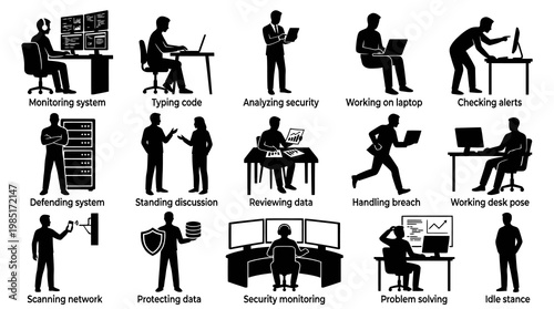 Technology Icons: IT Professionals Performing Various Tasks in Black and White