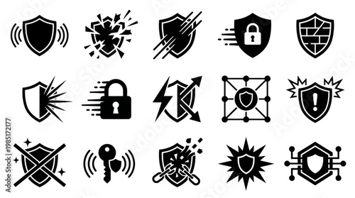 Security Icons Set: Shields, Padlock, Key, Warning, Network, Cyber Protection Glyph