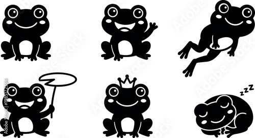 Black and white vector art six cartoon frogs with crown speech bubble and sleeping pose